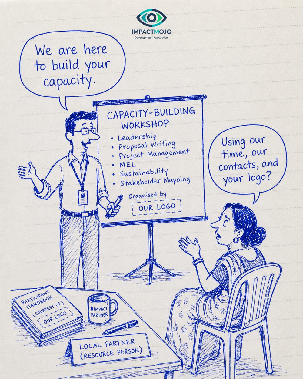 A facilitator in a lanyard at a flipchart reading 'Capacity-Building Workshop', saying 'We are here to build your capacity.' A woman in a sari seated opposite replies, 'Using our time, our contacts, and your logo?'