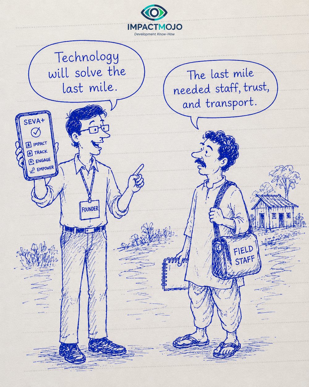 A founder holding up a smartphone app called 'SEVA+' with Impact, Track, Engage, Empower, saying 'Technology will solve the last mile.' A field staff member with a bag and notebook, standing near a hut, replies, 'The last mile needed staff, trust, and transport.'