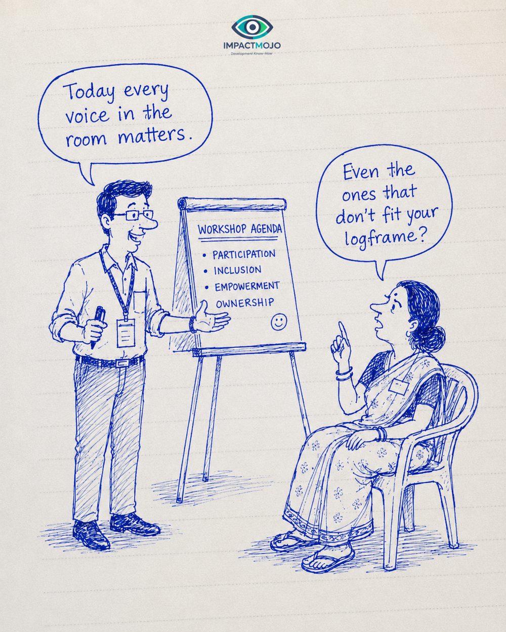 A facilitator at a flipchart headed 'Workshop Agenda — Participation, Inclusion, Empowerment, Ownership' with a smiley face, saying 'Today every voice in the room matters.' A seated woman raises a finger and replies, 'Even the ones that don't fit your logframe?'