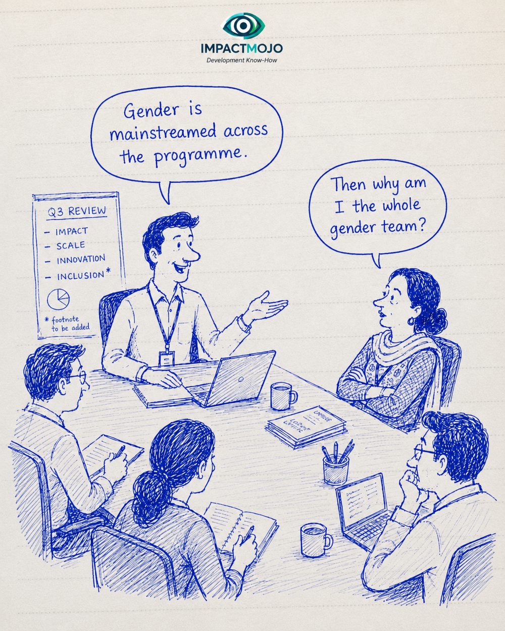 At a Q3 review meeting listing Impact, Scale, Innovation and Inclusion with a 'footnote to be added', a manager says 'Gender is mainstreamed across the programme.' A woman at the table replies, 'Then why am I the whole gender team?'