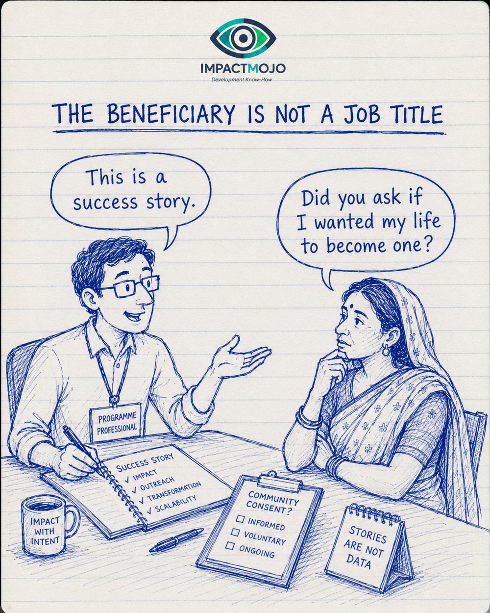 A programme professional with a Success Story checklist (impact, outreach, transformation, scalability) and a Community Consent note says &lsquo;This is a success story.&rsquo; A woman replies, &lsquo;Did you ask if I wanted my life to become one?&rsquo;