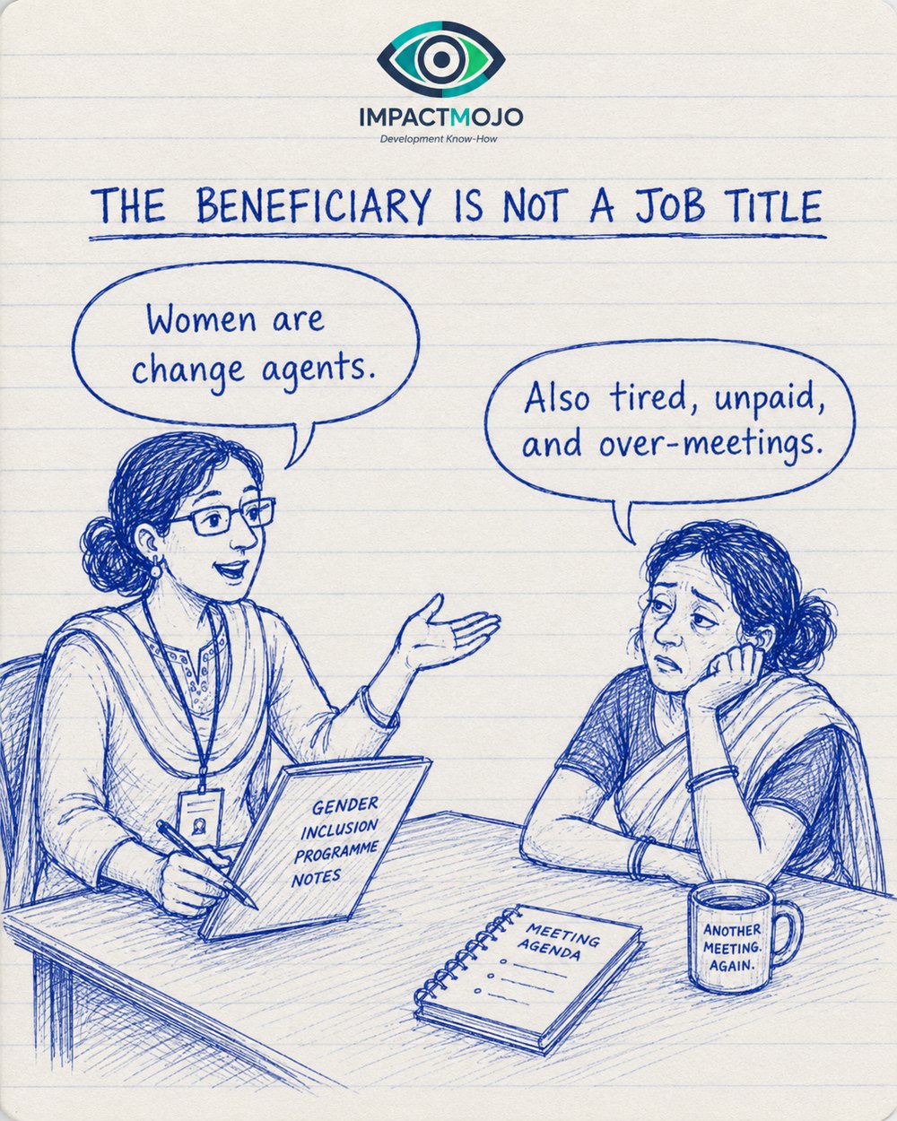 A facilitator with Gender Inclusion Programme Notes says &lsquo;Women are change agents.&rsquo; A tired woman resting her head on her hand, beside a meeting agenda, replies, &lsquo;Also tired, unpaid, and over-meetings.&rsquo;