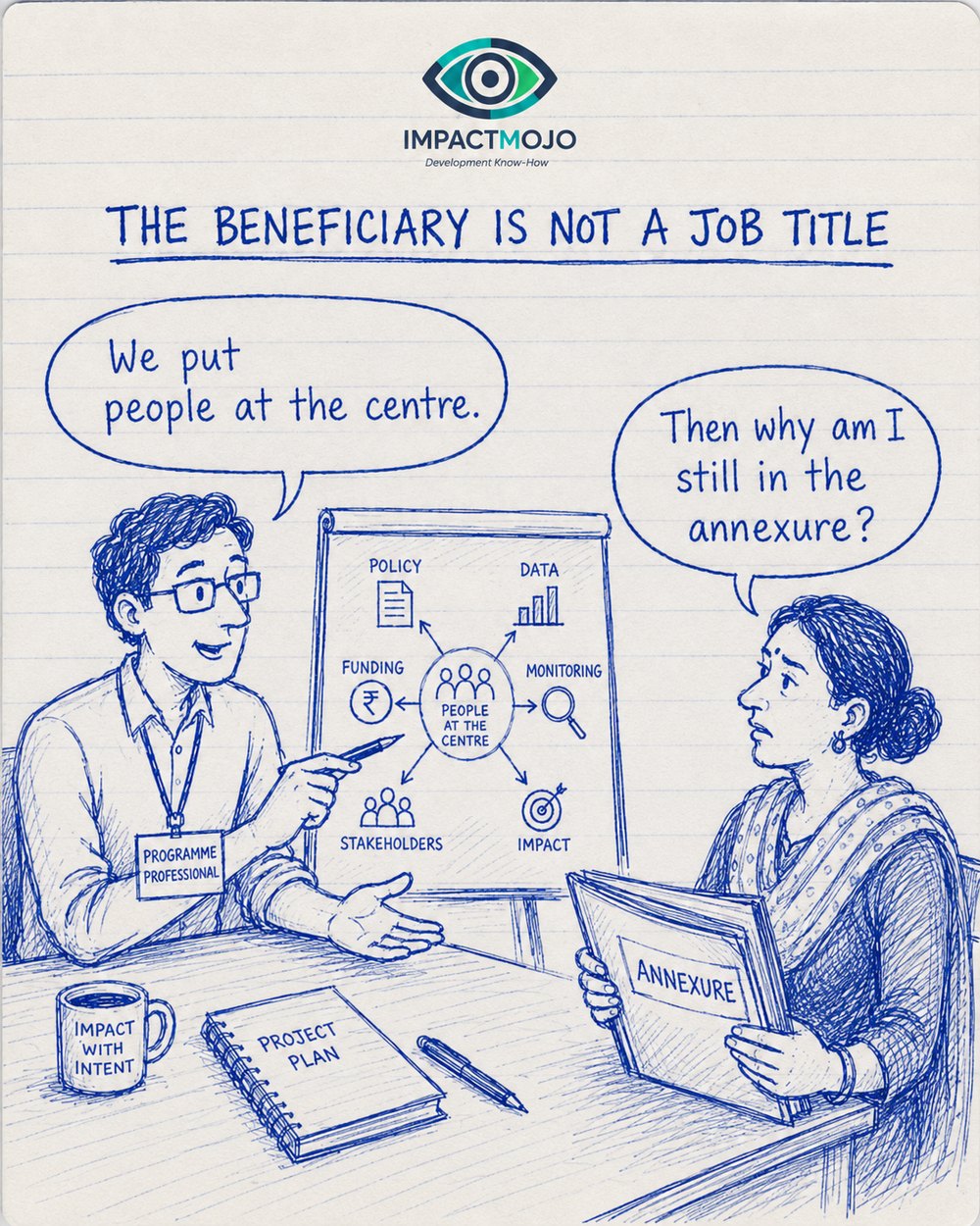 A programme professional at a flipchart diagram of People at the Centre, ringed by Policy, Data, Monitoring, Impact, Stakeholders and Funding, says &lsquo;We put people at the centre.&rsquo; A woman holding a folder marked Annexure replies, &lsquo;Then why am I still in the annexure?&rsquo;