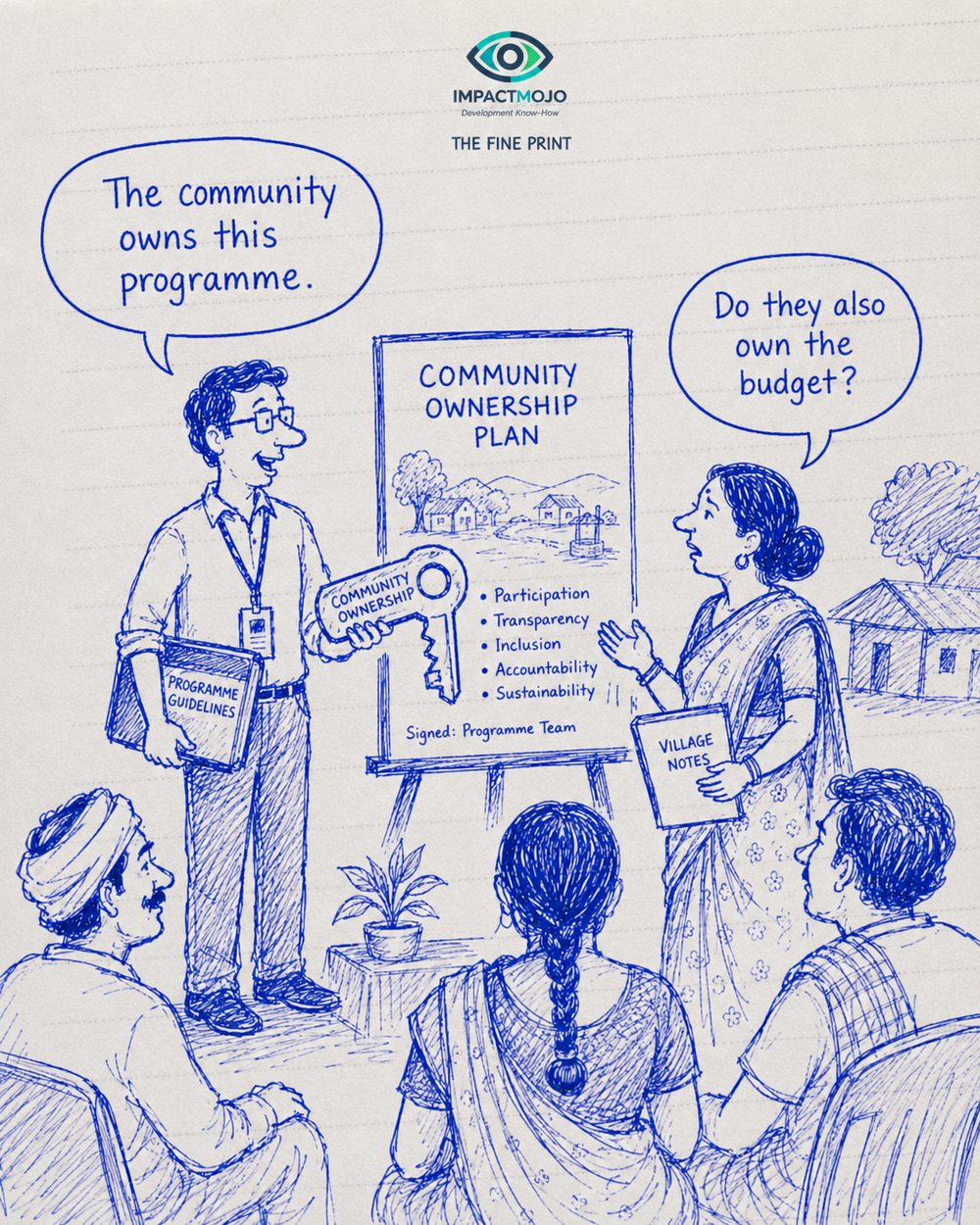 A programme officer at a 'Community Ownership Plan' poster holding a key labelled 'Community Ownership' says 'The community owns this programme.' A woman holding 'Village Notes' replies 'Do they also own the budget?'