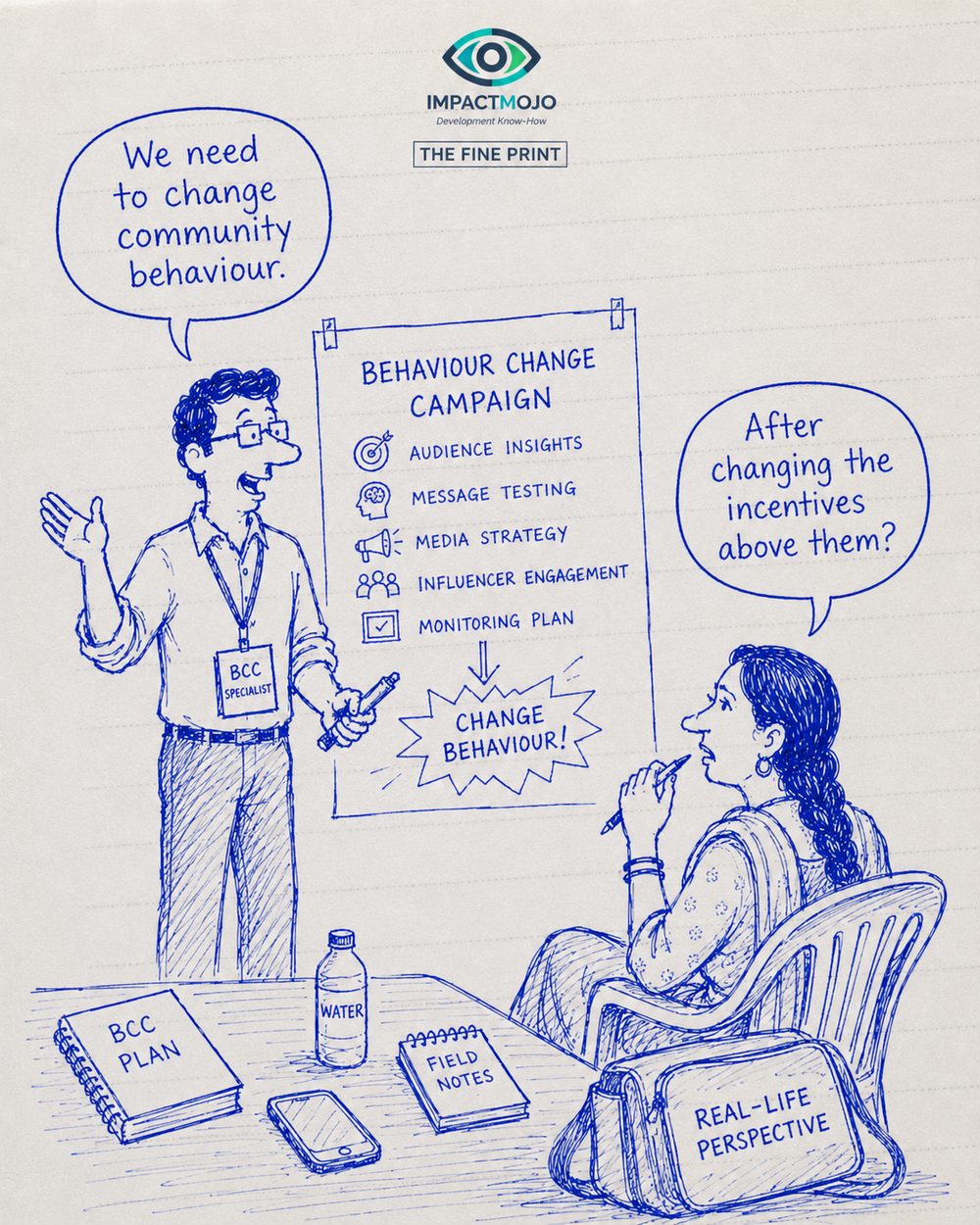 A BCC specialist at a 'Behaviour Change Campaign' flipchart says 'We need to change community behaviour.' A woman with a 'Real-Life Perspective' bag replies 'After changing the incentives above them?'