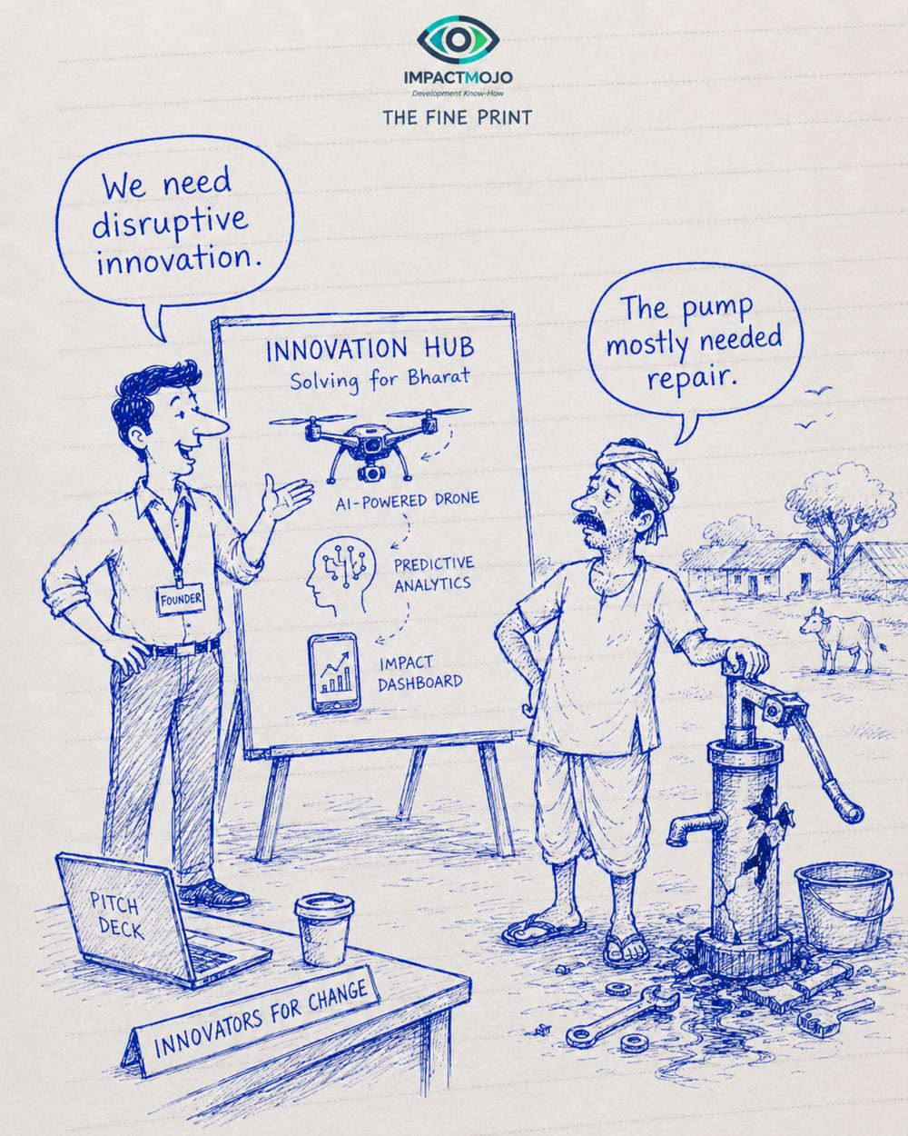 A founder at an 'Innovation Hub — Solving for Bharat' board (AI drone, predictive analytics, impact dashboard) says 'We need disruptive innovation.' A farmer at a broken handpump with a wrench replies 'The pump mostly needed repair.'