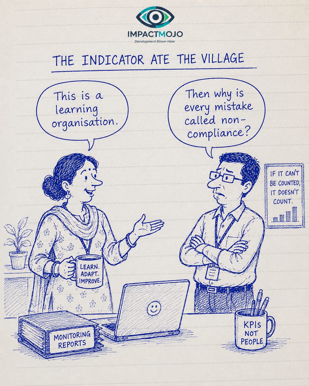 A woman with a 'Learn. Adapt. Improve.' mug says 'This is a learning organisation.' A colleague with arms crossed, beside a poster reading 'If it can't be counted, it doesn't count' and a 'KPIs not people' mug, replies 'Then why is every mistake called non-compliance?'