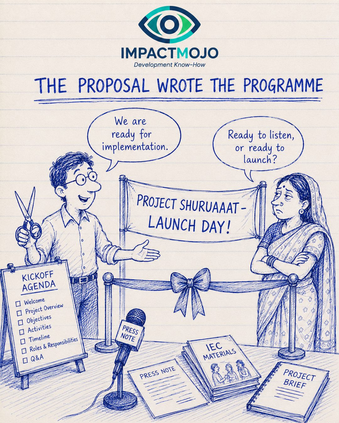 A man holding scissors beside a ribbon and a banner reading 'Project Shuruaat — Launch Day!' stands at a 'Kickoff Agenda' board, with a press-note microphone, 'IEC Materials' and a 'Project Brief' laid out. He says 'We are ready for implementation.' A woman with her arms crossed replies 'Ready to listen, or ready to launch?'