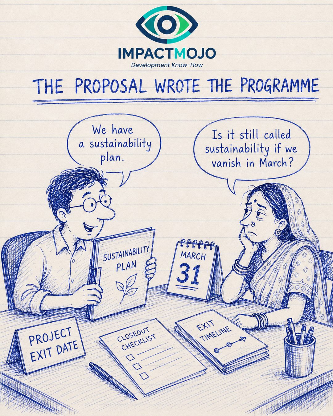 A man holds a folder labelled 'Sustainability Plan' next to a desk calendar showing 'March 31', with documents reading 'Project Exit Date', 'Closeout Checklist' and 'Exit Timeline'. He says 'We have a sustainability plan.' A woman, chin on hand, asks 'Is it still called sustainability if we vanish in March?'