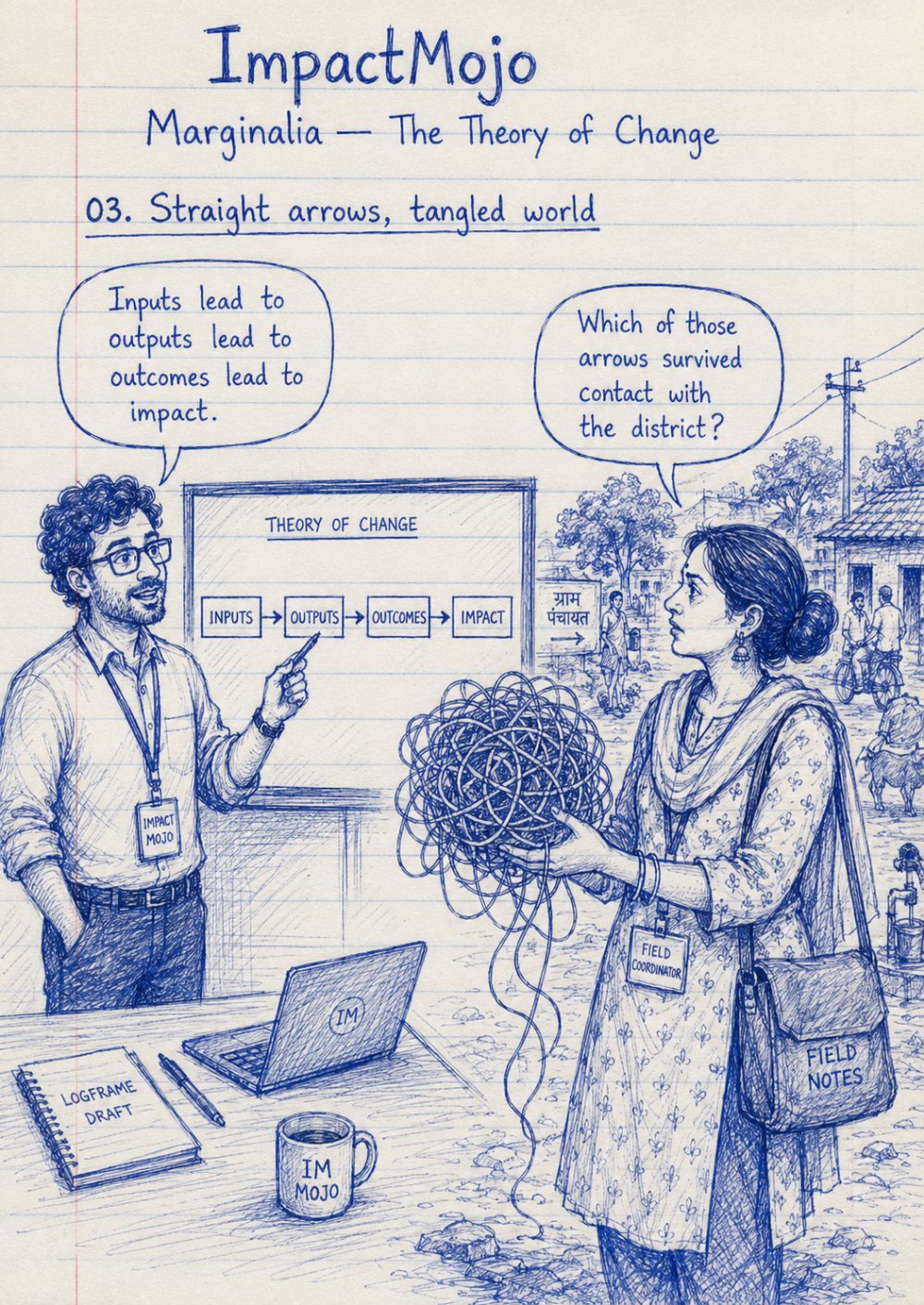 A presenter beside a neat, straight left-to-right chain of arrows on a slide. A field coordinator standing in a busy village holding a tangled ball of string that looks nothing like the neat arrows replies, 'Which of those arrows survived contact with the district?'
