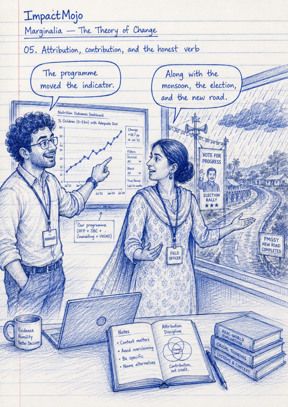 A manager pointing triumphantly at a dashboard with a line arrow going up, saying 'The programme moved the indicator.' A field officer gesturing at the window — where you can see monsoon rain, an election rally poster, and a newly built road — replies, 'Along with the monsoon, the election, and the new road.'