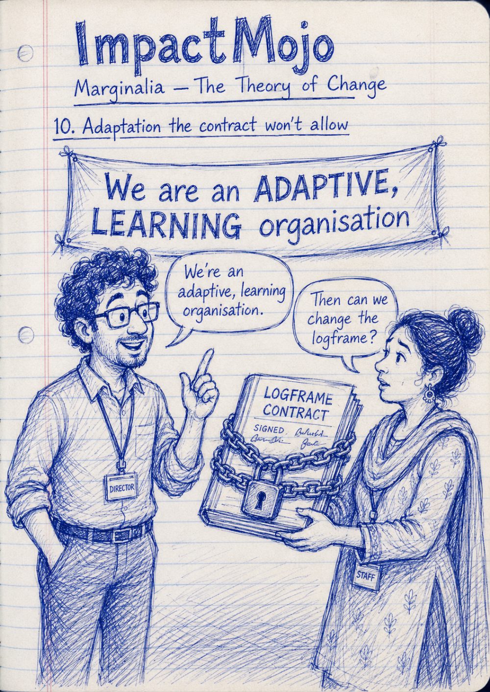 A director standing under a banner that reads 'We are an ADAPTIVE, LEARNING organisation', saying 'We're an adaptive, learning organisation.' A staff member holding the locked, signed logframe contract replies, 'Then can we change the logframe?'